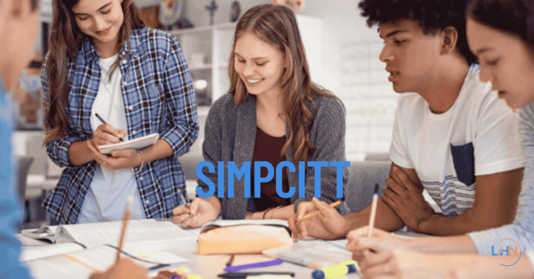 Illustration of Simpcitt – a futuristic digital city with community zones, smart tech, and collaborative users