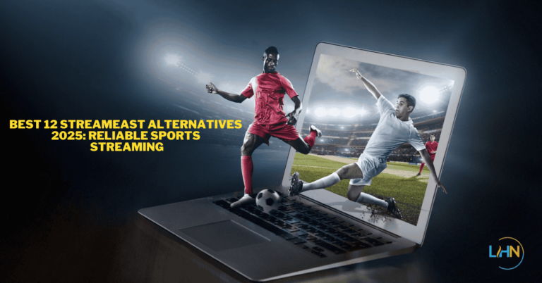 The 12 best Streameast alternatives in 2025 for reliable sports streaming, featuring icons of football, basketball, tennis, and a streaming play button.