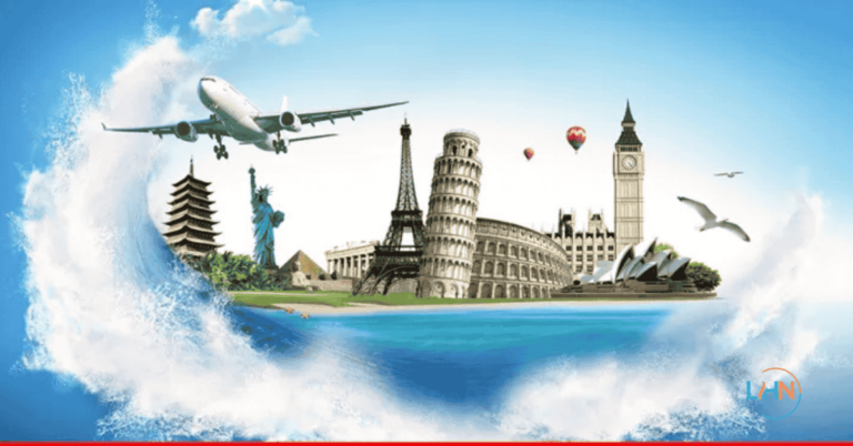 Promotional graphic for HopTraveler.com showcasing iconic travel destinations and a call-to-action to plan your perfect trip.